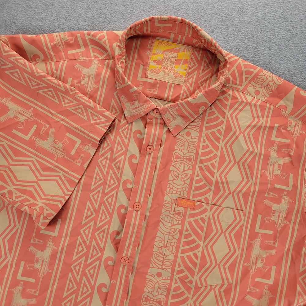 Retro Rifle Tiki‎ Firearm Print Button Down Shirt Mens 3XL Coral Tan Stretch